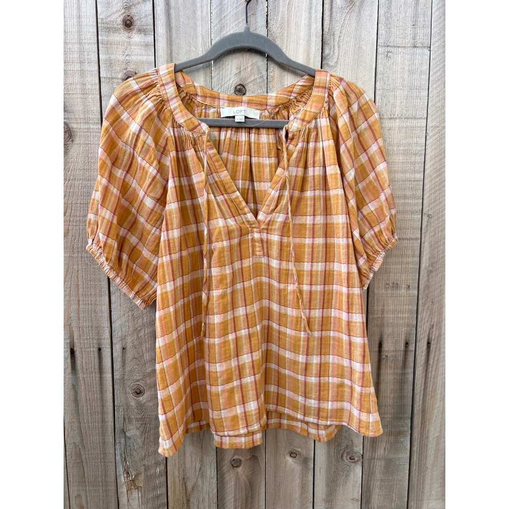 LOFT Mustard Pink Plaid V-Neck Peasant Puff Sleeve Top Boho Cottagecore Country
